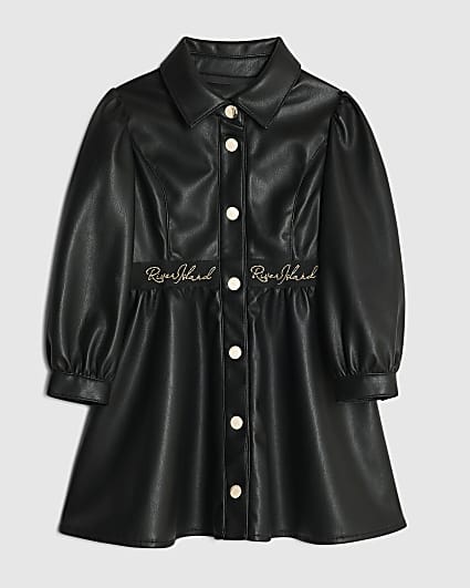 Mini Girls Black Faux Leather Shirt Dress