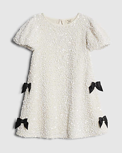 Mini Girls White Sequin Bow Dress