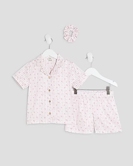 Mini Girls Pink Rosebud Stripe Satin Pyjamas