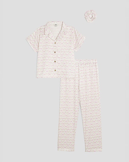 Girls Cream Ditsy Bow Satin Pyjama Set
