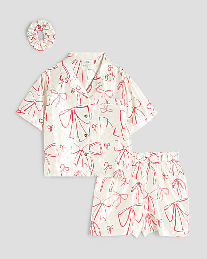 Girls Cream Bow Satin Pyjama set