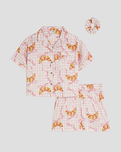 Girls Pink Gingham Croissant Pyjamas Set