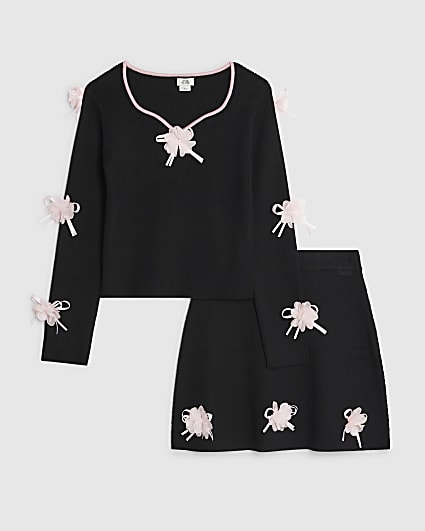 Girls Black 3D Flower Top Set