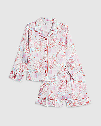 Girls White Love Heart Satin Short Pyjamas