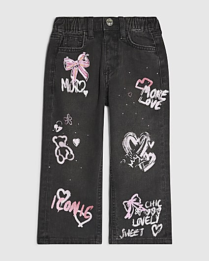 Mini Girls Black Love Graffiti Straight Jeans