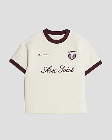 Mini Boys Ecru Football Ribbed T-Shirt