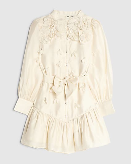 Girls Cream 3D Flower Shirt Dress