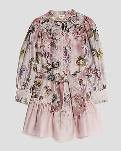 Girls Pink 3D Floral Shirt Dress