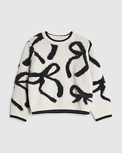 Mini Girls Cream Fluffy Bow Jumper