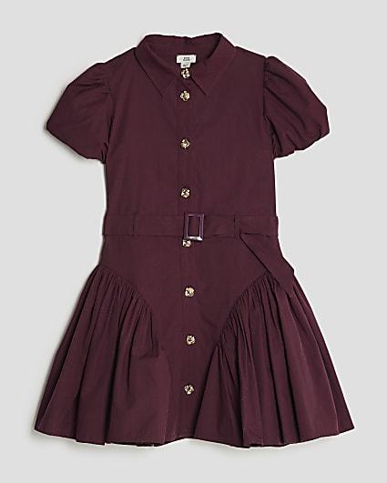 Girls Purple Puff Sleeve Prom Shirt Dress