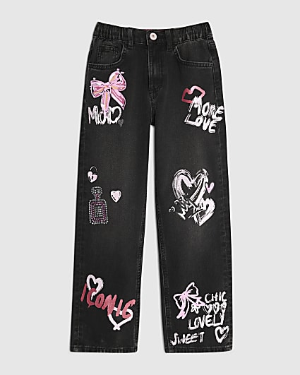 Girls Black Love Graffiti Straight Jeans