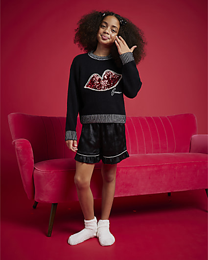 Nephthys Girls Black Sequin Lips Jumper