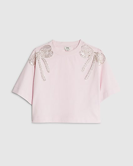 Girls Pink Embellished Bow Top