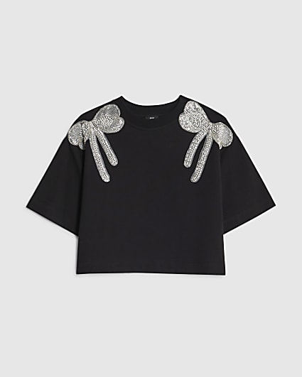 Girls Black Embellished Bow Top