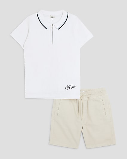 Boys White Zipped Polo Shirt And Shorts Set