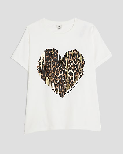 Girls White Leopard Heart T-Shirt