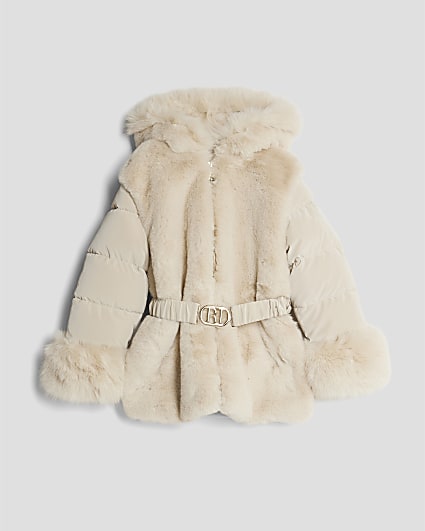Girls Cream Belted Faux Fur Padded Coat