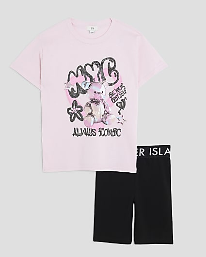 Girls Pink Print T-Shirt & Cycle Shorts Set