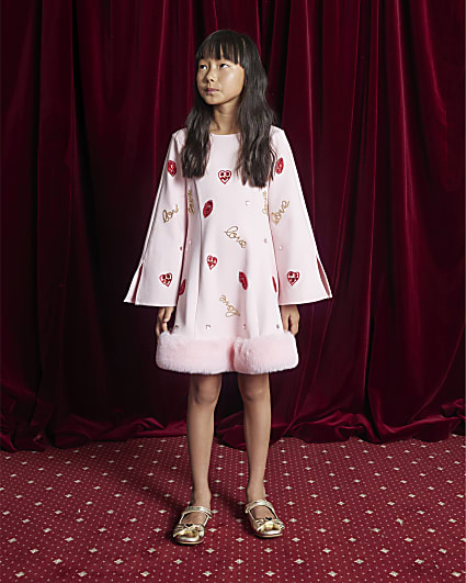 Girls Pink Lips Faux Fur Hem Dress