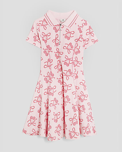 Girls Pink Ribbed Cherry And Bow Print Dress