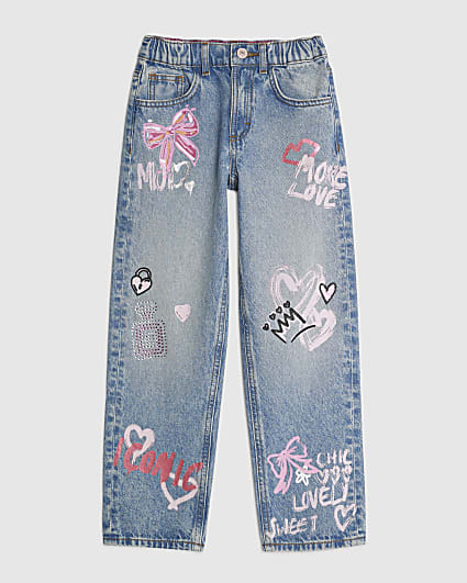 Girls Blue Love Graffiti Straight Jeans