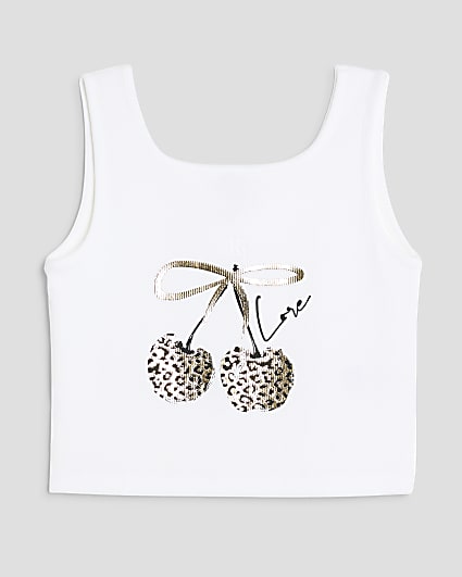 Girls White Leopard Cherry Bow Tank Top