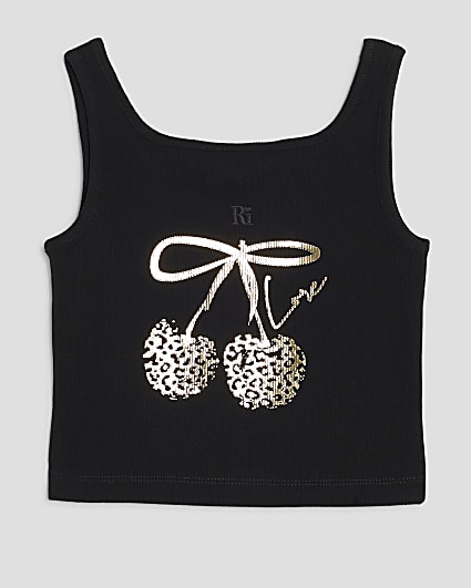 Girls Black Leopard Cherry Bow Tank Top
