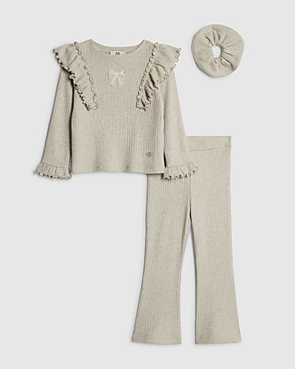 Mini Girls Beige Frill Shoulder Top Set