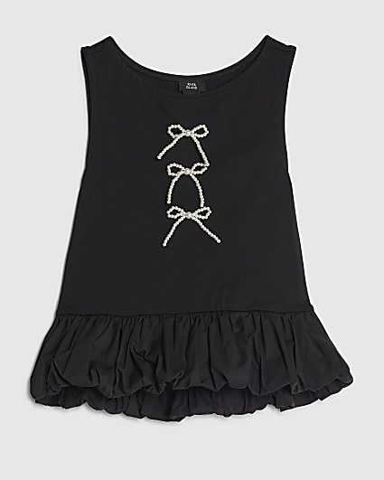 Girls Black Bow Bubble Hem Tank Top