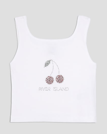 Girls White Cherry Embellished Tank Top