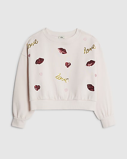 Girls Pink Sequin Embellished Lips Sweatshirt