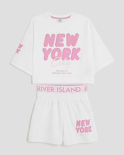 Girls White New York T-Shirt And Shorts Set