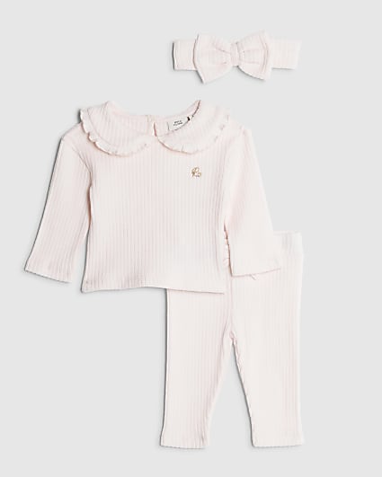 Baby Girls Pink Collar Ribbed Top Set