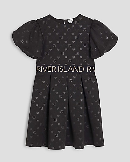 Girls Black Embossed RI Monogram Dress