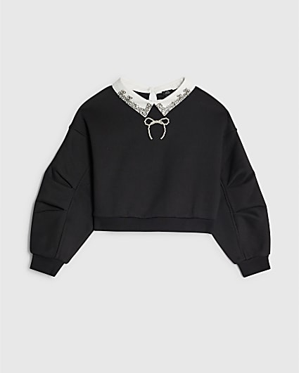 Girls Black Embellished Collar Sweatshirt