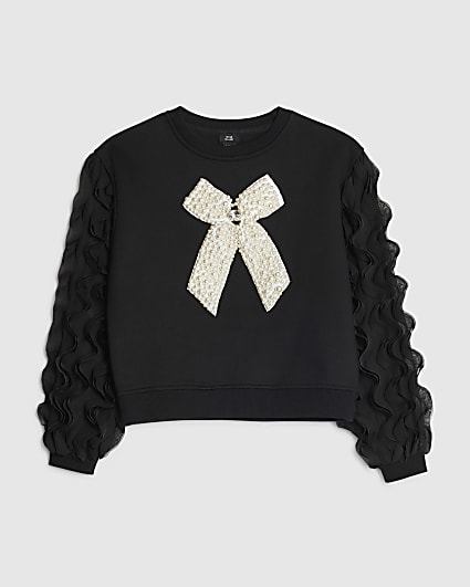 Girls Black Pearl Bow Sweatshirt