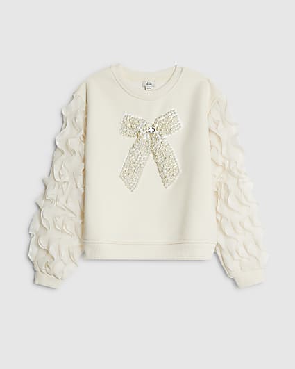 Girls Cream Bow Ruffle Sleeve Sweatshirt