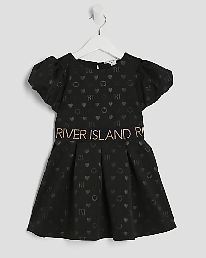 Mini Girls Black Embossed RI Monogram Dress