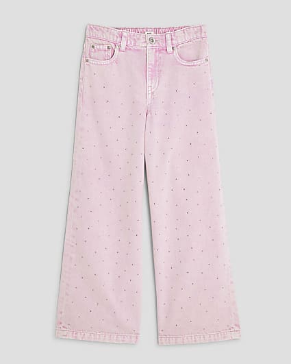 Girls Pink Diamante Washed Wide Leg Jeans