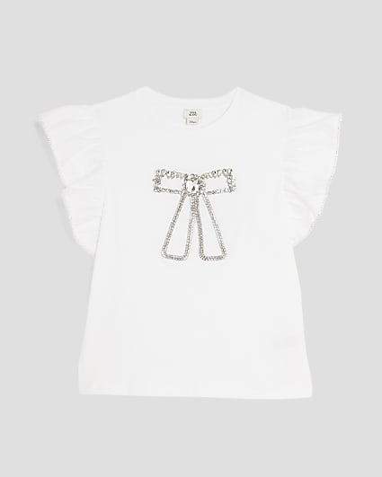 Girls White Frill Bow Embellished T-Shirt