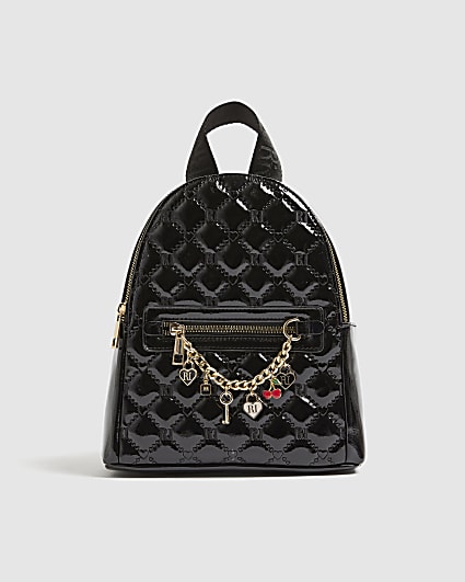 Girls Black Monogram Chain Charm Backpack