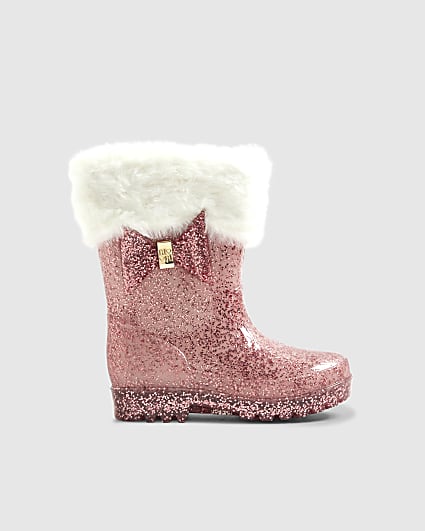 Mini Girls Pink Faux Fur Glitter Welly Boots