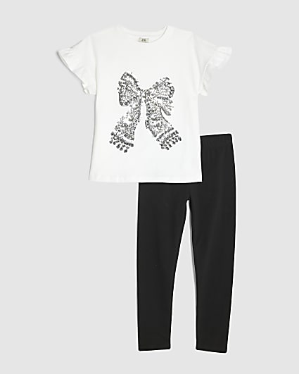 Girls White Sequin Bow Top And Leggings Set