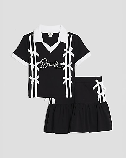 Girls Black Polo Shirt And Skirt Bow Set