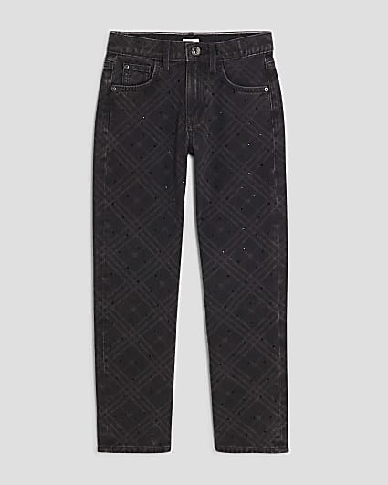Girls Black Check Embellished Straight Jeans