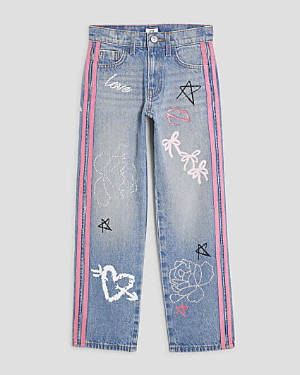 Girls Blue Graffiti Straight Jeans