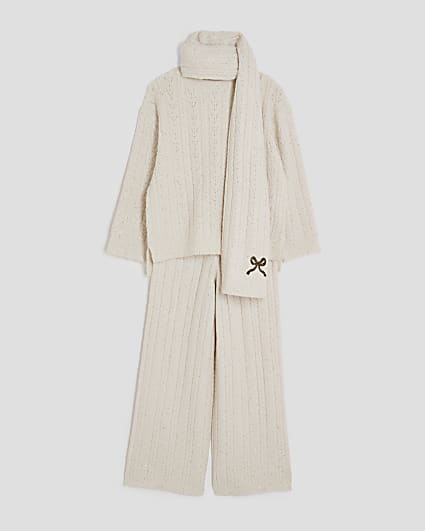 Girls Cream Cable Knit Jumper And Scarf Set