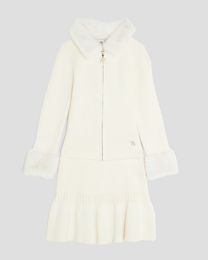 Girls Cream Faux Fur Collar Cardigan Set