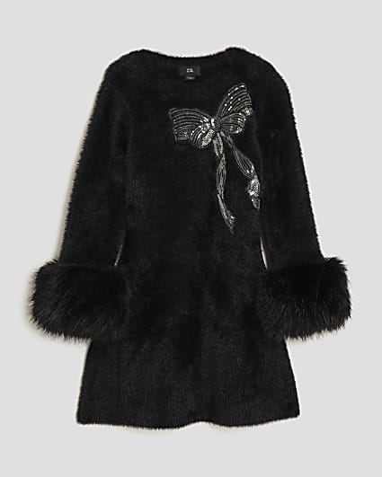 Girls Black Fur Cuff Sequin Bow Skater Dress