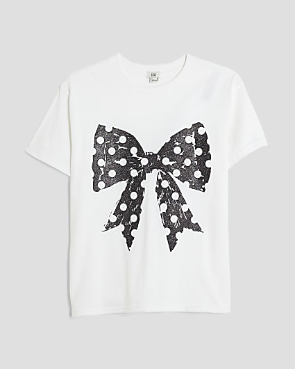 Girls White Polka Dot Bow T-shirt